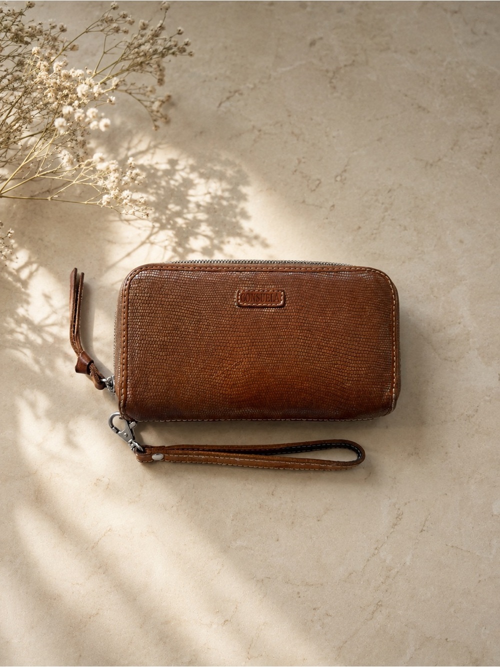 CONSUELA | Gloria Textured iridescent leather Large Brown Wristlet Wallet
